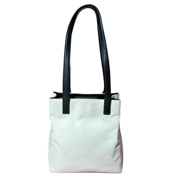 Coach Handbags - Coach Tote Bag Womens Medium White Canvas Black Leather Shoulder Purse L3J-7441